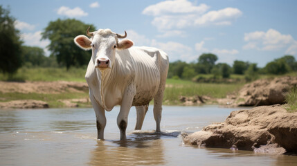 White cattle standing in a river on a beautiful summer day - obrazy, fototapety, plakaty