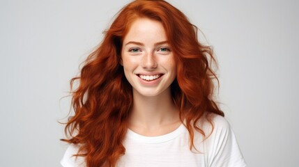 Closeup of happy attractive young woman with long wavy red hair, stylish t shirt looks happy and smiling isolated over white background
