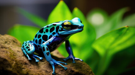 Fototapeta premium macro of a blue poison dart frog sitting in a tropical rainforest