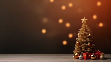 Christmas Tree with Decorations, empty table, copy space and mockup concept