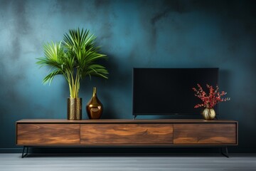 Premium TV cabinet on a cabinet in a modern empty room with a backdrop of the dark blue wall