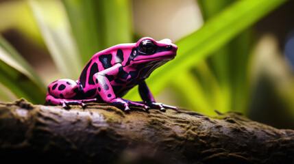 macro of a magenta poison dart frog sitting in a tropical rainforest - obrazy, fototapety, plakaty