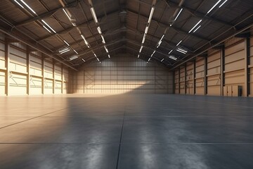 Rent warehouse. Storage unit. Evening hangar. Spacious storage area. Rent hangar. 3D image. Generative AI - obrazy, fototapety, plakaty