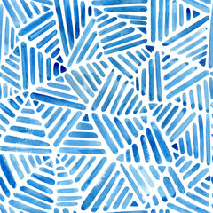 Watercolor striped print in blue colors. Abstract brush strokes line grid seamless pattern