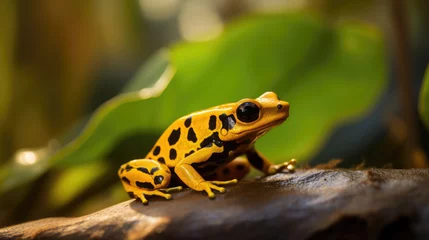 Gordijnen macro of a yellow poison dart frog sitting in a tropical rainforest © Flowal93
