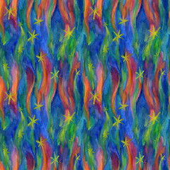 Watercolor starry night seamless pattern. Hand painted watercolor stars, comets, aurora on blue background