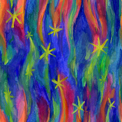 Watercolor starry night seamless pattern. Hand painted watercolor stars, comets, aurora on blue background