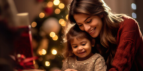 Mother and daughter enjoying at Christmas, Christmas tree background with bokeh lights