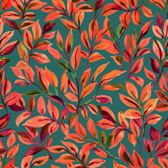 Watercolor autumn leaves seamless pattern. Bright watercolour leaves branches background.