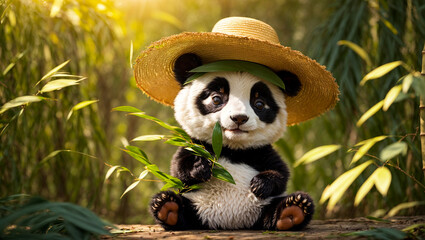 Fototapeta premium Funny panda in a hat on a background of bamboo