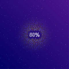 A large white contour 50 percent symbol in the center, surrounded by small dots. Dots of different colors in the shape of a ball. Vector illustration on dark blue gradient background with stars
