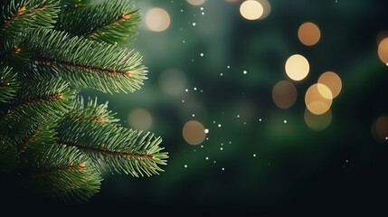 Obraz na płótnie Canvas Macro christmas tree background, bokeh lights, Generative AI