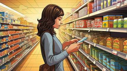 woman at grocery store choosing food and shopping, person in supermarket shop making decision to buy 