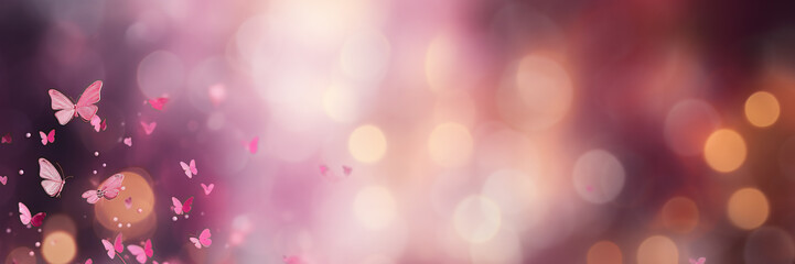 Fototapeta premium festive pink compositionon with bokeh background with candles butterflies and textspace