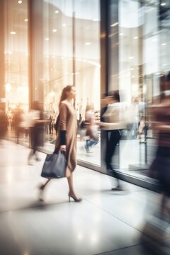 busy people at shopping mall, blurred motion and selective focus, men and women in rush at retail shop