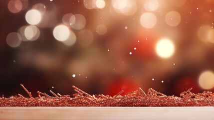 Fototapeta na wymiar red christmas background, fir branches, snow, bokeh lights, Generative AI