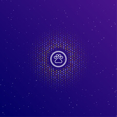 A large white contour furry gender symbol in the center, surrounded by small dots. Dots of different colors in the shape of a ball. Vector illustration on dark blue gradient background with stars