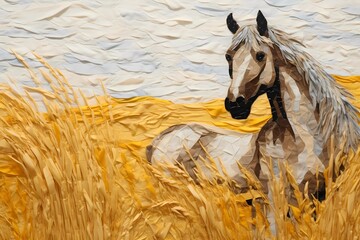 a horse in a field in the style of a patchwork quilt, knitted embroidery, pastel colors