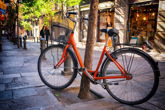 Bicicleta en una ciudad aparcada en un arbol en Barcelona