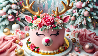 Festive Christmas cake adorned with gold reindeer antlers and roses. The cheerful cake among a backdrop of evergreen, baubles and snowflakes.