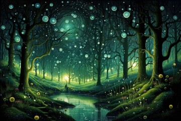 Enchanting nocturnal artwork of a magical woodland. Generative AI