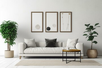 A simple frame on a wall in a white living room with a modern and minimalist design. Generative AI
