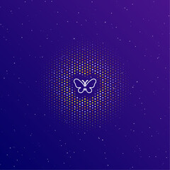 Fototapeta na wymiar A large white contour butterfly symbol in the center, surrounded by small dots. Dots of different colors in the shape of a ball. Vector illustration on dark blue gradient background with stars