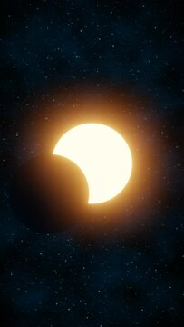 Representation of a solar eclipse on a space background with moving stars. Vertical format. 3D Rendering