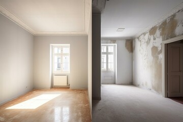 Comparison between a room with unfinished walls and a room after renovation in a new house. Generative AI