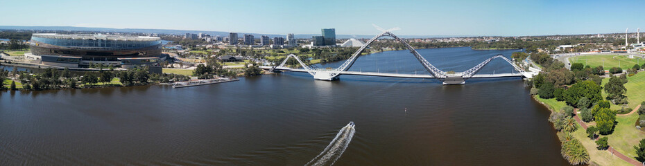 Aerial view of Matagarup Bridge and Swan River in Perth - obrazy, fototapety, plakaty