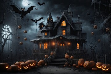 Fototapeta na wymiar Halloween Backdrop, Creepy Clown House, ,HALLOWEEN DIGITAL BACKDROP, bats, pumpkin, full moon, moonlit, party, decor, kids photography, background, photoshop overlays, clown house