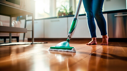woman cleaning the floor with a spray mop against the background of the kitchen - obrazy, fototapety, plakaty