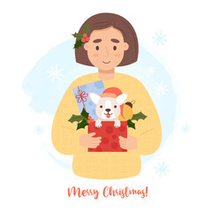Cute happy woman with dog and gift box, Christmas ball and holly. Vector illustration in cartoon style. New Year greeting card Merry Christmas.