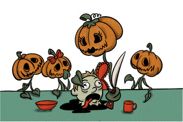 Illustration of Pumpkins family preparing to Halloween in retro style on a transparent background