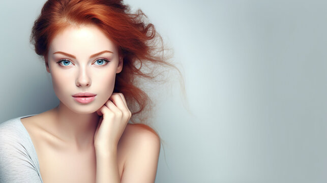 natural close up portrait of a female beauty model with ginger colored hair and and fair, pale facial skin and with text space