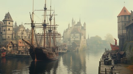 Ships in a medieval harbour on the river delta - obrazy, fototapety, plakaty