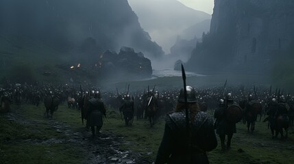 Marching army of footsoldiers in a misty valley fantasy scenery - obrazy, fototapety, plakaty
