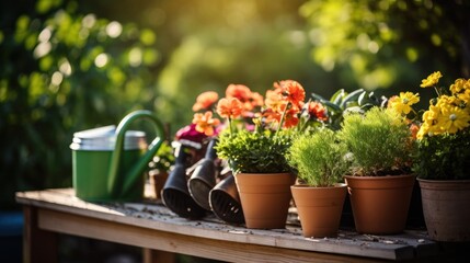 Gardening - Set Of Tools For Gardener And Flowerpots close-up