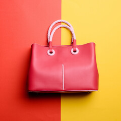 Fashionable red leather women's bag with braided handles and other details in pink color isolated...