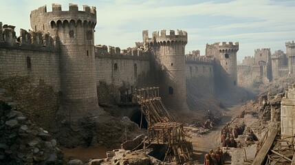 Medieval castle under siege by catapults and ladders and battering rams battle scenery - obrazy, fototapety, plakaty