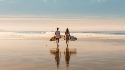 Fototapeta na wymiar A couple runs into the ocean with surfboards
