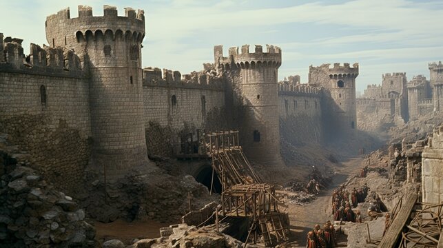 Medieval castle under siege by catapults and ladders and battering rams battle scenery