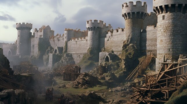 Medieval castle under siege by catapults and ladders and battering rams battle scenery