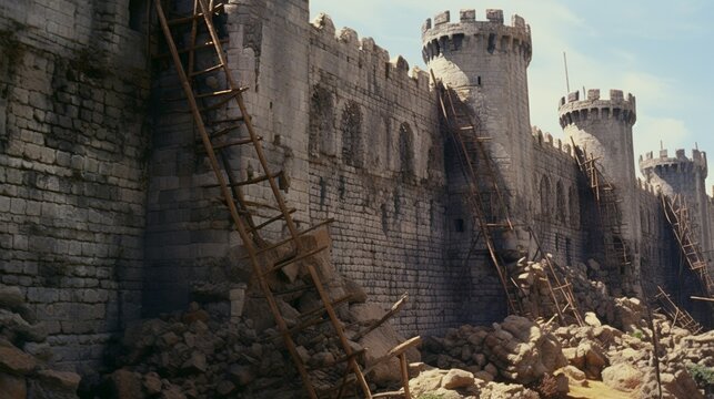 Soldiers of a medieval army climbing the walls on ladders of a huge castle