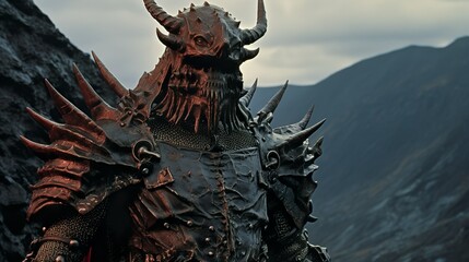 Close-up of a medieval fantasy warrior wearing a leather and plate armor in a mountain area