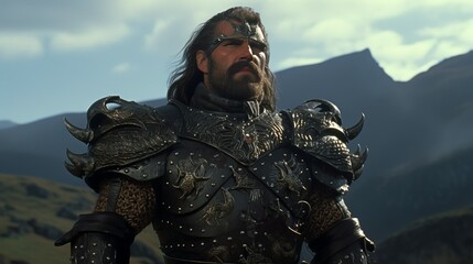 Close-up of a medieval fantasy warrior wearing a leather and plate armor in a mountain area