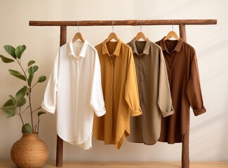 three dress shirts hanging on a wooden hanger