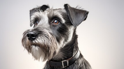 Terrier with a traditional schnauzer cut, looking alert and adorable