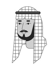 Bearded saudi man wearing keffiyeh black and white 2D line cartoon character head. Middle eastern male shemagh isolated vector outline person face. Arab man monochromatic flat spot illustration