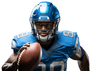 American football player in blue uniform. He holds a ball in his right hand. Head and shoulders in the frame. Isolated on transparent background